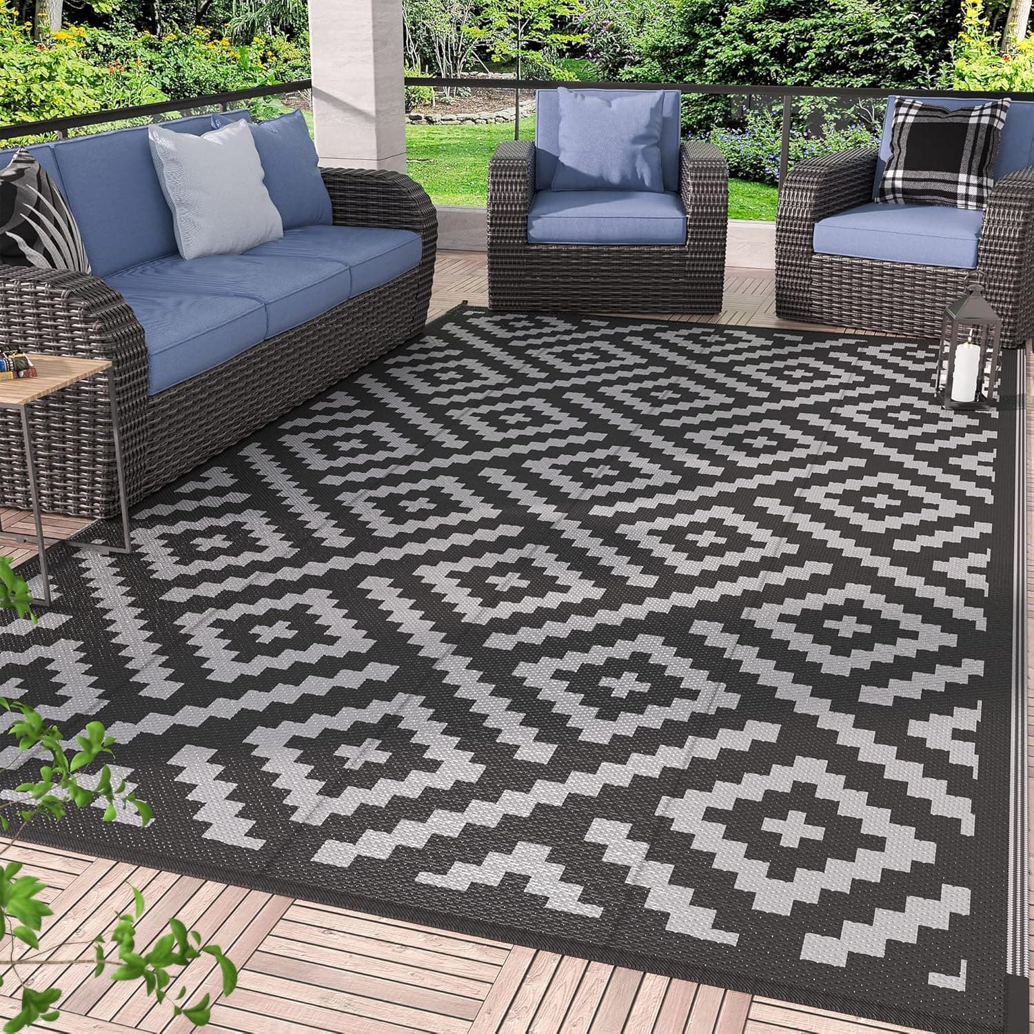 GENIMO Outdoor Rug for Patio Clearance, 5'x8' Waterproof Mat - Reversible Black & Gray