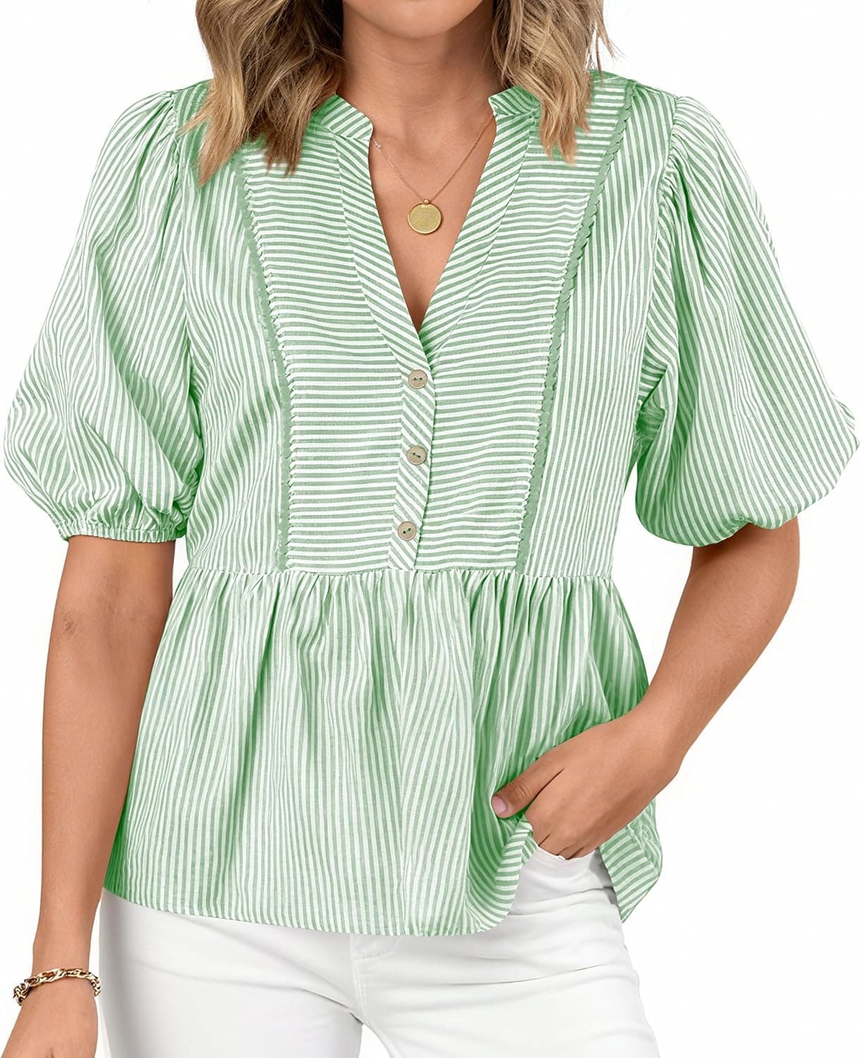 dowerme Womens Summer Tops 2026 Fashion Lantern Short Sleeve V Neck Button Peplum Shirts Spring Stripes Babydoll Blouses - image 1