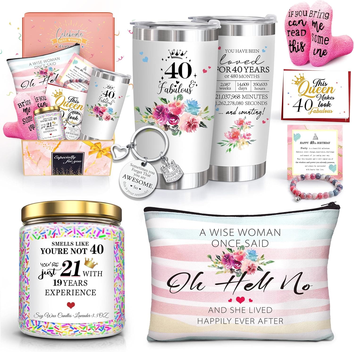 ShinnyWis 40th Birthday Gifts for Women,Happy 40th Birthday Gifts for Friends Her Mom Wife Sister Coworker,Tumblers Gifts Set for 40 Year Old Women,Funny 40 Birthday Gifts Ideas - image 1