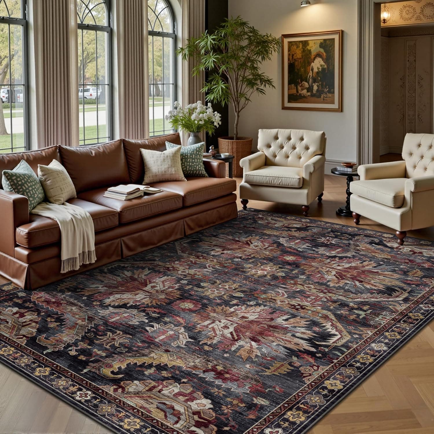 5x7 Area Rugs, Vintage Retro Soft Washable Rug, Non-Slip Low Pile Rugs for Living Room, Bedroom, Dining Room, Stain Resistant Home Decor Rug (Retro Red) - image 1