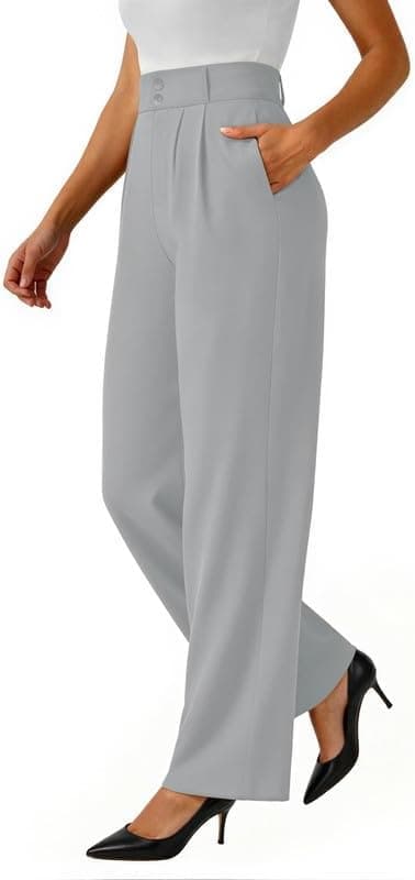 keriffe Womens Wide Leg Dress Pants Stretchy High Waisted Work Trousers | Loose Fit, Business Casual Pants, Pull on Teacher Outfits, Office Slacks, 2 Side Pockets