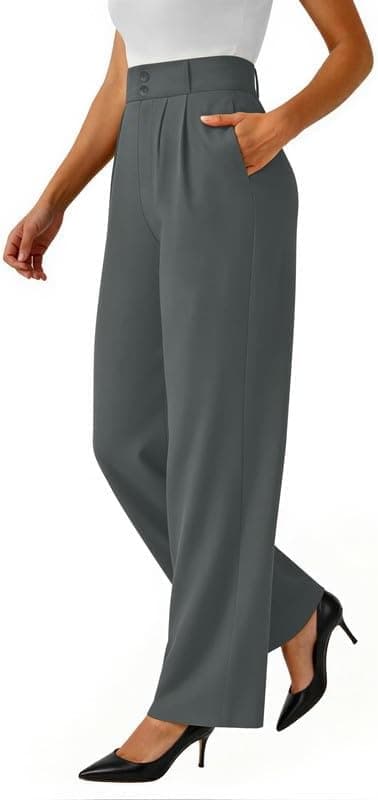 keriffe Womens Wide Leg Dress Pants Stretchy High Waisted Work Trousers | Loose Fit, Business Casual Pants, Pull on Teacher Outfits, Office Slacks, 2 Side Pockets