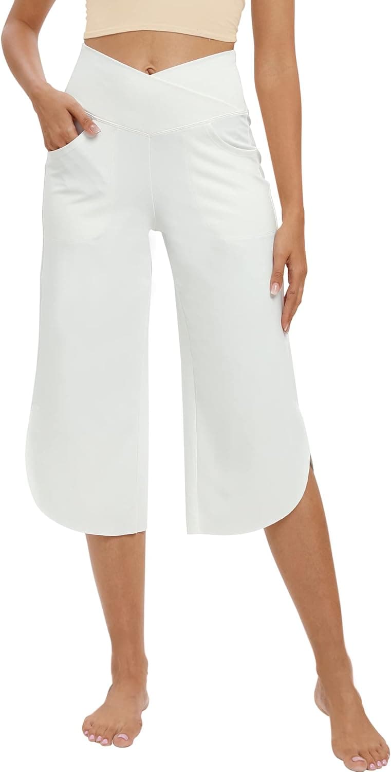 G4Free Capri Pants for Women Wide Leg Yoga Pants for Summer Flowy Capris Loose Casual Cropped Pants with Pockets - image 1