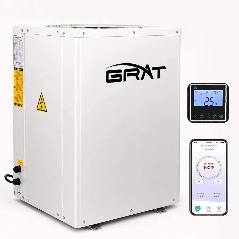 GRAT 35,000 BTU Full Inverter Swimming Pool Heat Pump, Electric Pool Heater for Above Ground & Inground Pools Up to 9,000 Gallons, Top Air Discharge, WiFi Control, Heating & Cooling, 220-240V