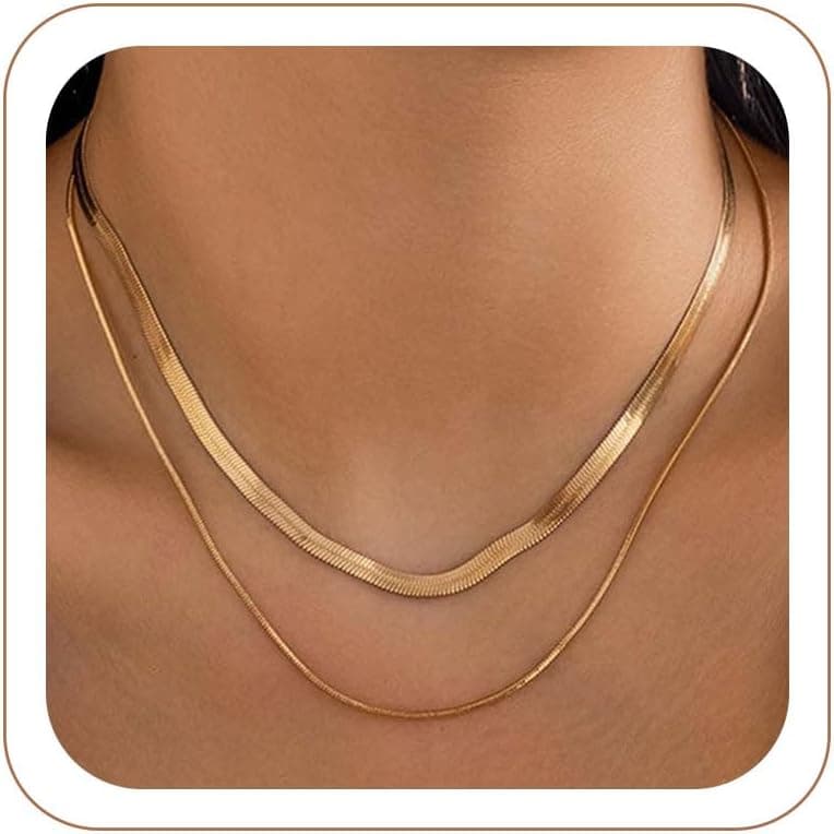 2PCS Herringbone Necklace for Women, Dainty 14K Gold Necklace for Women Snake Chain Necklace Layered Gold Plated Choker Necklaces for Woman Trendy Jewelry Gifts for Teens - image 1