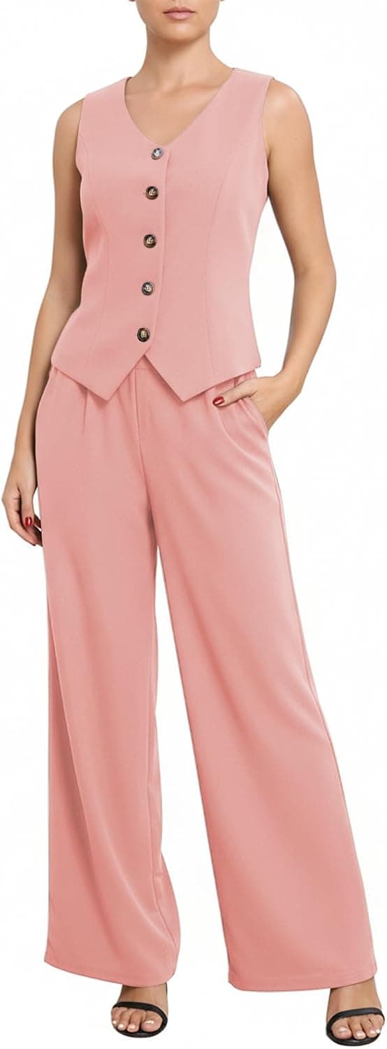 Womens Vest Sets Summer 2 Piece Outfits Elegant Blazer Vest Pockets Wide Leg Pant Suit Casual Matching Set - image 1