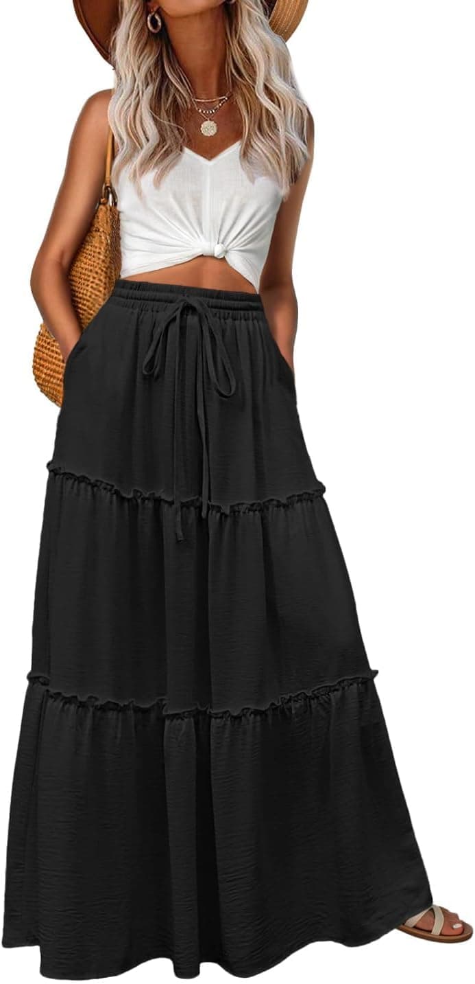Womens Casual Boho High Waisted Flowy Maxi Skirts Tiered Floral Long Skirts with Pockets for Summer Beach Vacation