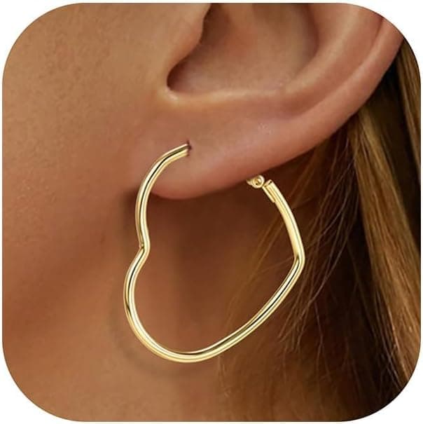 Heart Earrings for Women, 14K Plated Gold/Silver Big Small Stainless Steel Hoops Earrings, Fashion Hypoallergenic Lightweight Heart Shape Jewelry 30/40/50/60mm