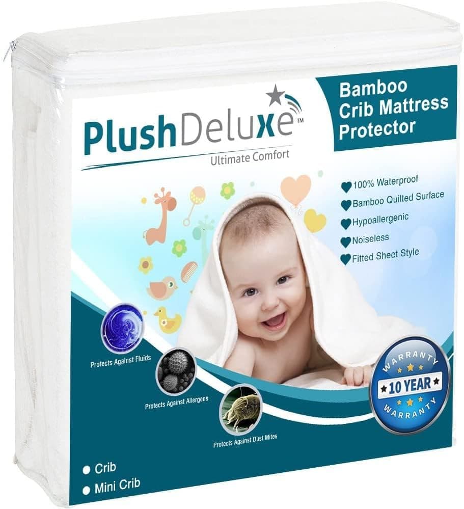 PlushDeluxe Crib Mattress Protector, 28โx49โ, 100% Waterproof, Noiseless, Ultra Soft Viscose Made from Bamboo with Quilted Terry Cotton Top, White Fitted Sheet Style Toddler Crib Cover