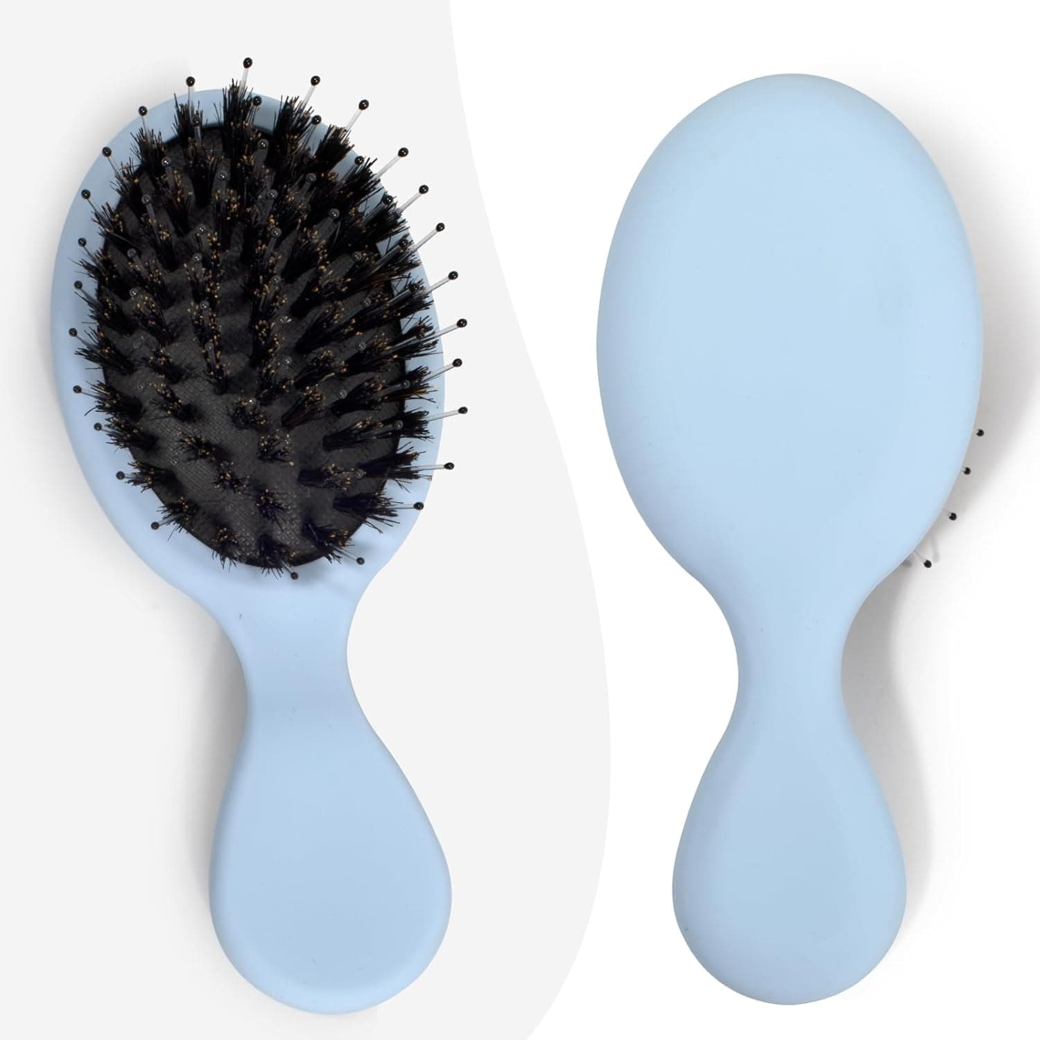 Mini Boar Bristle Hair Brush with Nylon Pins - Detangling Travel Hair Brush for Thick Long Curly Hair, Smoothing & Shine Pocket Size Brush for Women & Kids, Blue