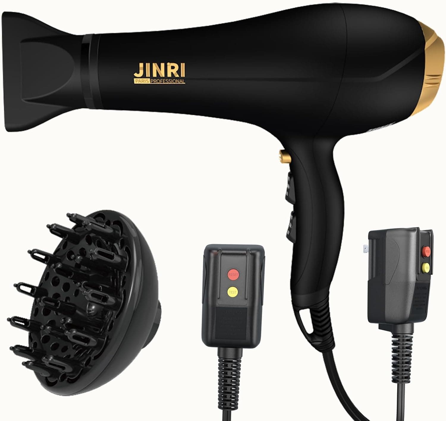 Hair Dryer - JINRI 2000W Diffuser Blow Dryer for Salon & Personal Use – Powerful, Fast Drying with Diffuser & Nozzle for Women & Men, ALCI Safety Plug, Black - image 1