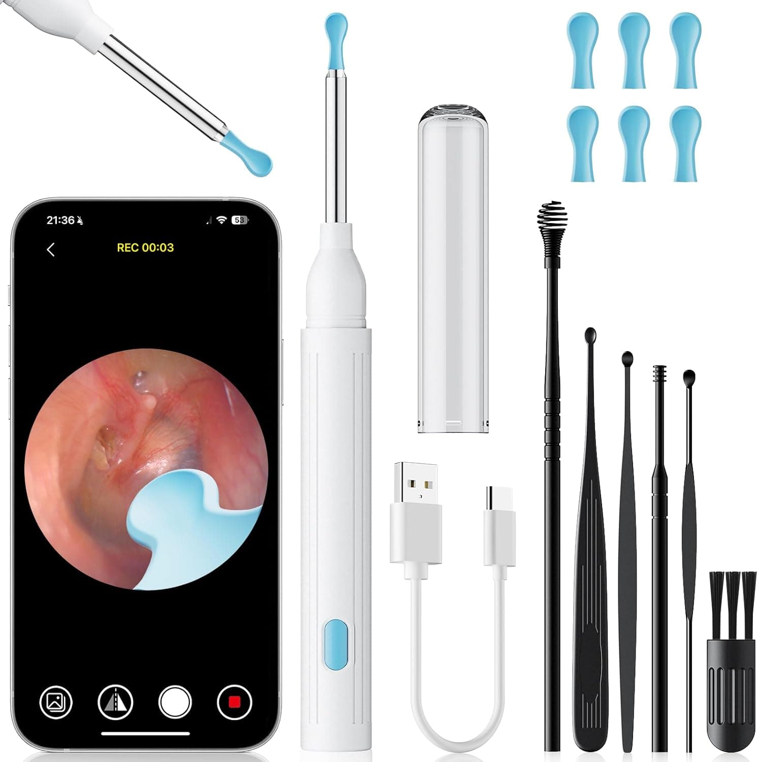 Ear Wax Removal, Ear Wax Removal Tool with 8 Kits & 5 Ear Spoon, Ear Cleaner with 2400P Camera with 6 LED Lights, Ear Wax Removal Kit for iOS & Android (White) - image 1