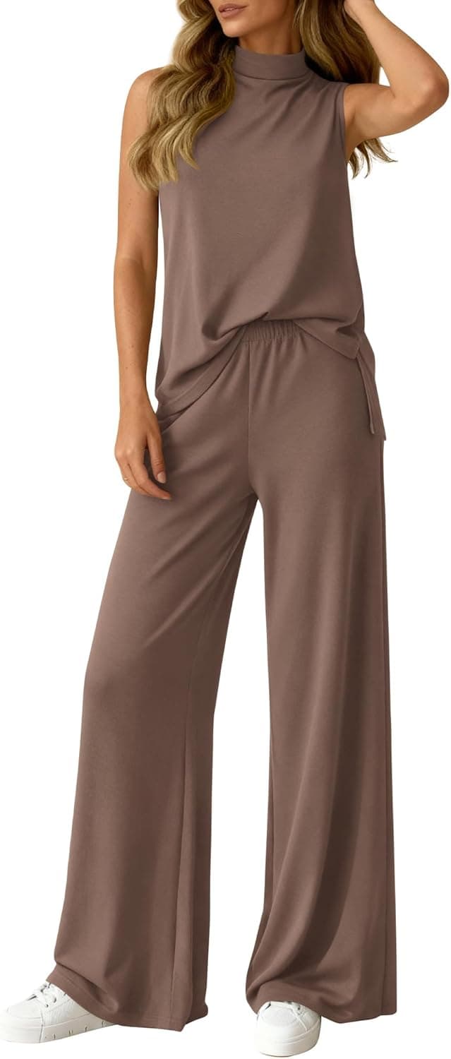 BTFBM 2 Piece Outfits For Women Airport Travel Summer 2026 Loose Mock Neck Sleeveless Wide Leg Pants Workout Lounge Sets - image 1