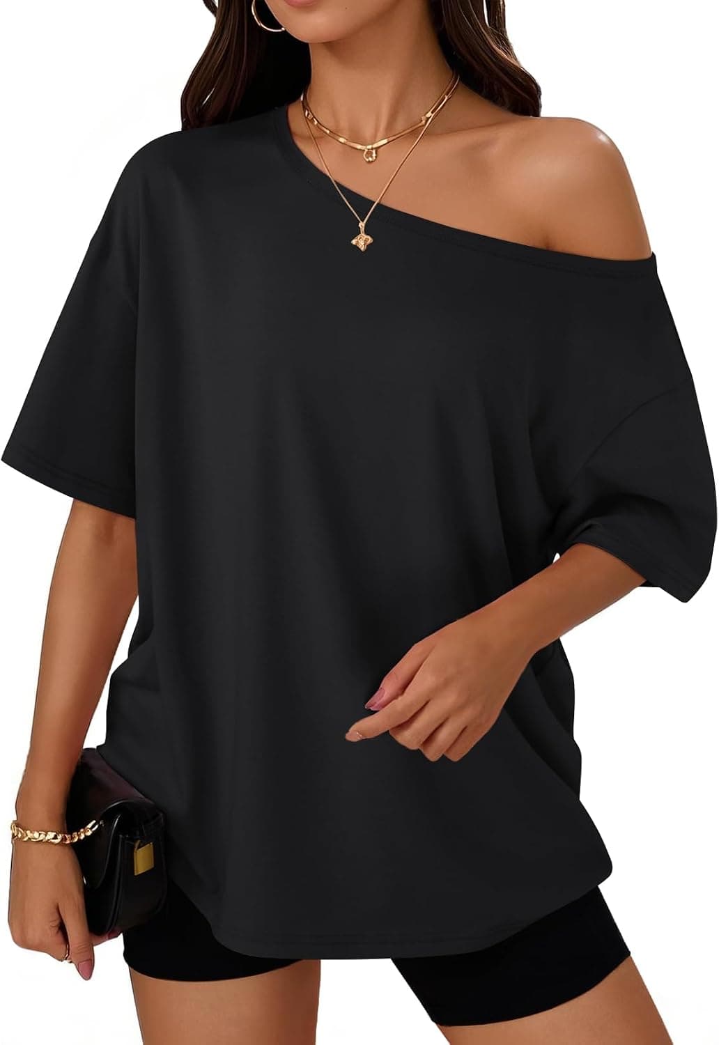Trendy Queen Womens Off the Shoulder Tops Oversized Summer T-Shirts