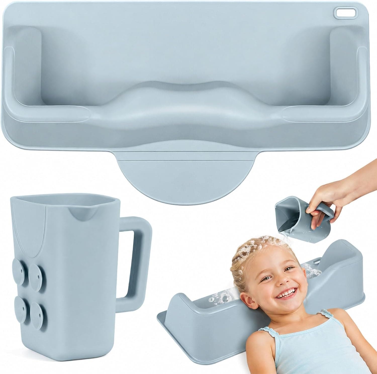 Hair Washing Station for Kids, Portable Hair Washing Basin for Sink or Bathtub, Silicone Shampoo Bowl with Rinser Cup, Sink Hair Washing Neck Support for Kids, Blue