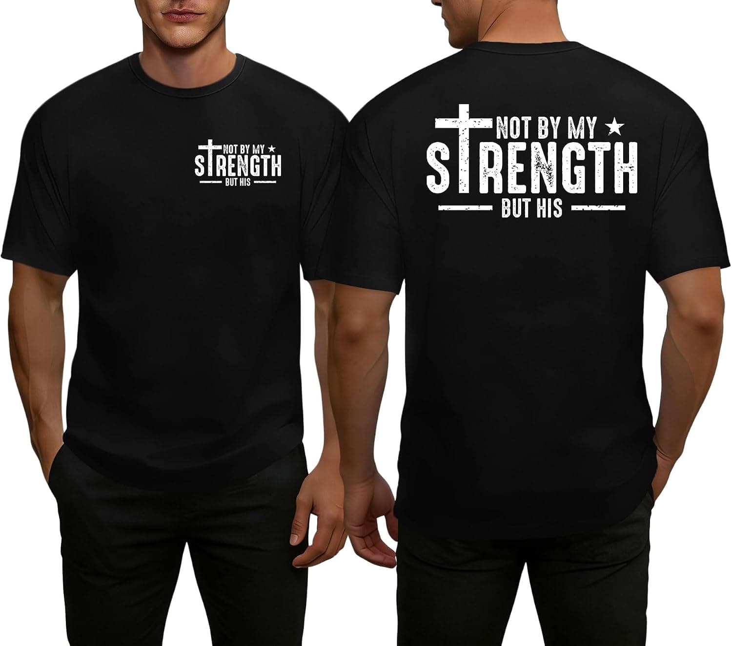 Christian Shirts for Men Not by My Strength but His Tshirt Religious Cross Faith Tee Jesus Gift Tops