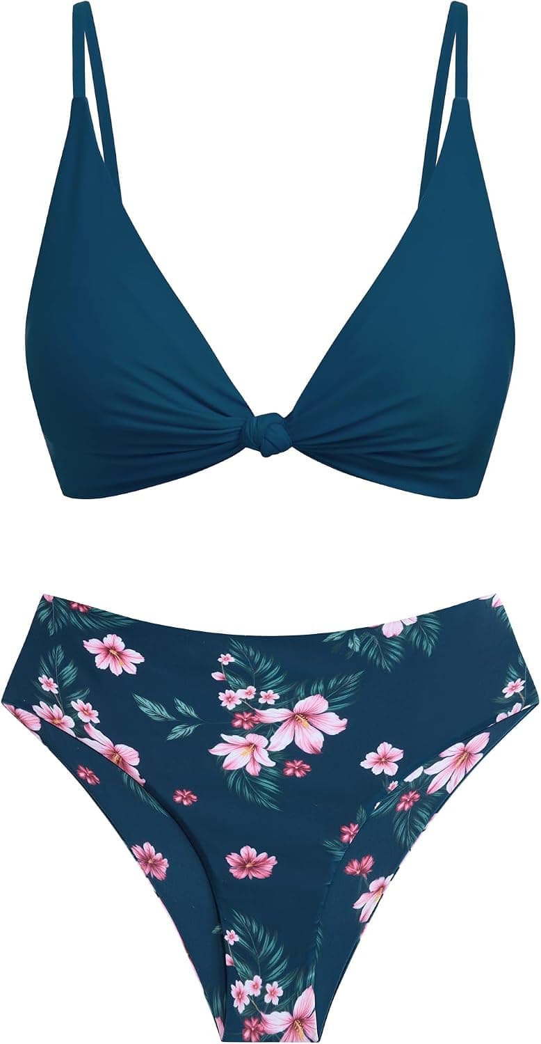 ZAFUL Bikini Set for Women V Neck Knot Front Push Up Bathing Suit High Cut Two Piece Swimsuit Brazilian Cheeky Swimwear