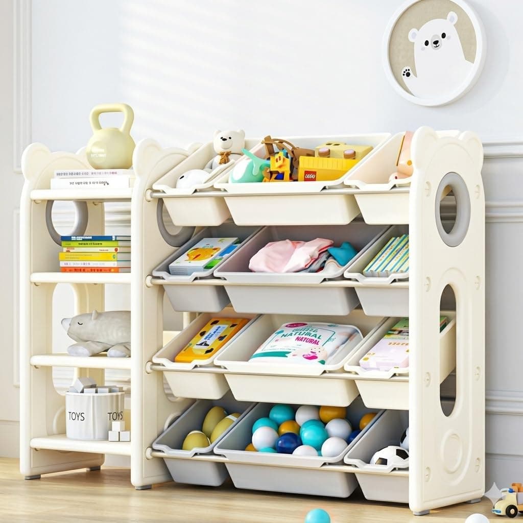 Kids Toy Storage Organizer with Bookshelf & Cabinet - 3-in-1 Baby Room Organizers And Storage with 12 Bins, Kids Furniture for Playroom, Bedroom, Nursery (Grey, 48.8” Wide) - image 1