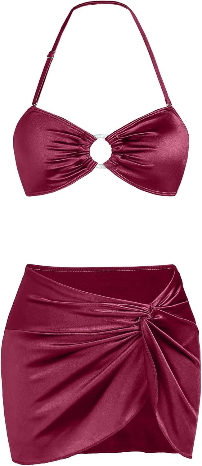 Ruched 3 Piece Swimsuits for Women Ribbed Velvet Bikini Sets with Sarong Coverup Metal Ring Bathing Suit - image 1