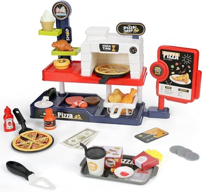 Kids Pizza Play Set โ Pretend Pizza Kitchen Toy with Cutting Food, Grill, Fryer, Cash Register & Accessories โ Montessori Role Play & Birthday Gift for Toddlers Ages 3-6