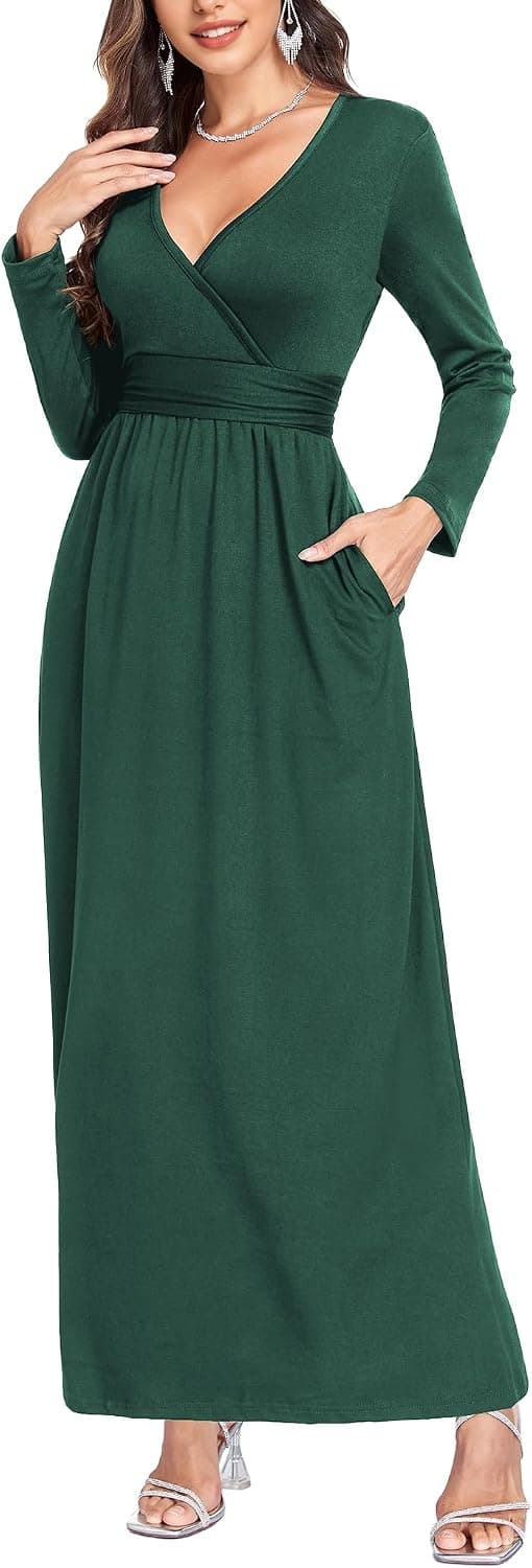 Lacavocor Women's Long Sleeve Deep V Neck Maxi Dress Casual Wrap Waist Long Dress with Pockets - image 1