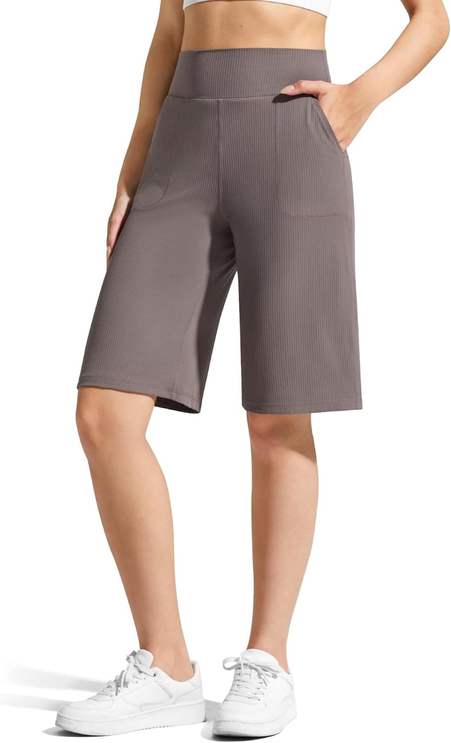 G4Free Ribbed Bermuda Shorts for Women 10"/11“ High Waisted Crossover Shorts with Pockets for Workout Casual Summer - image 1
