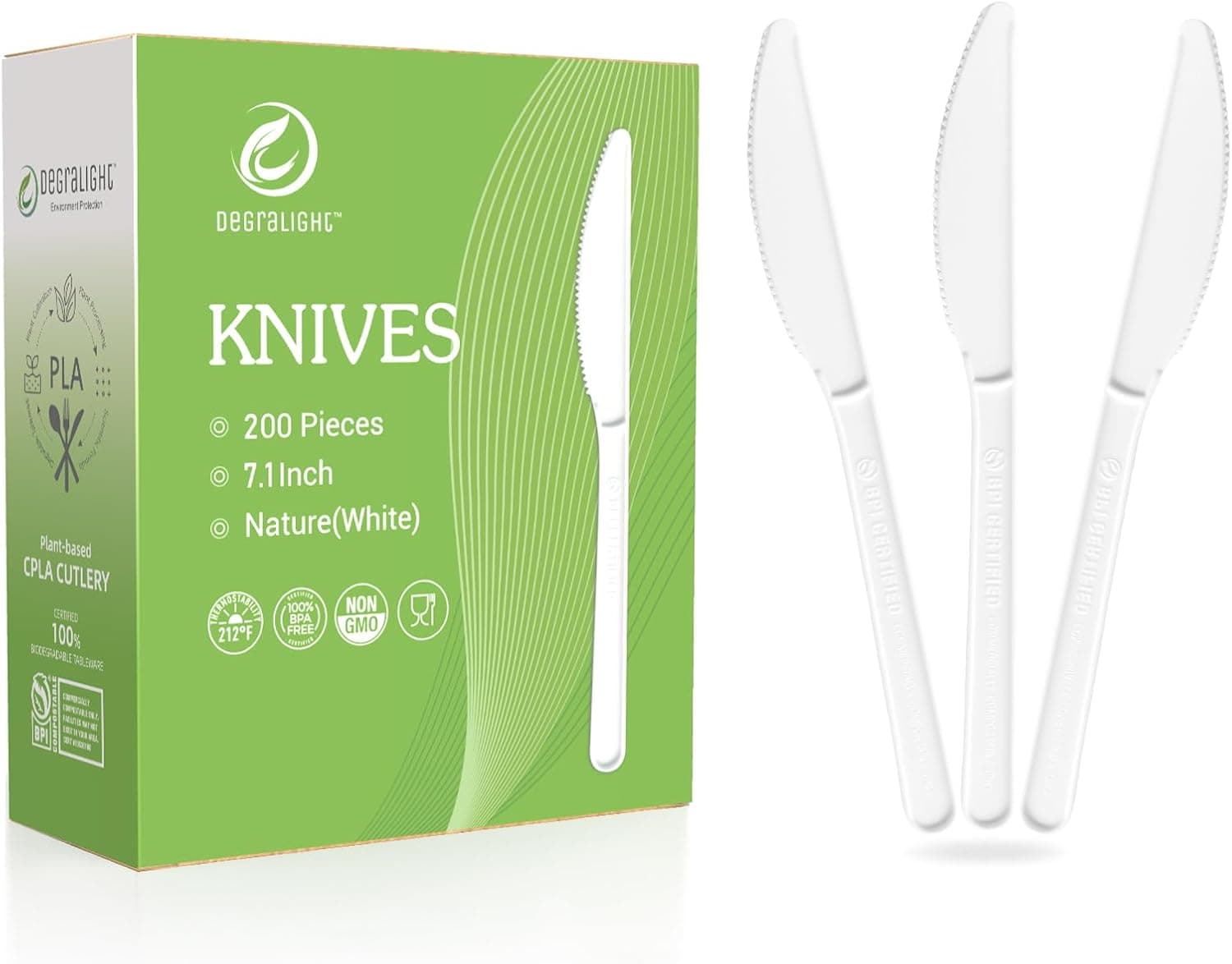 100% Compostable Knives - 200Pcs CPLA Knives, Durable and Heat Resistant CPLA Disposable Cutlery, No Plastic Disposable Silverware for Party, Wedding, Office & Daily