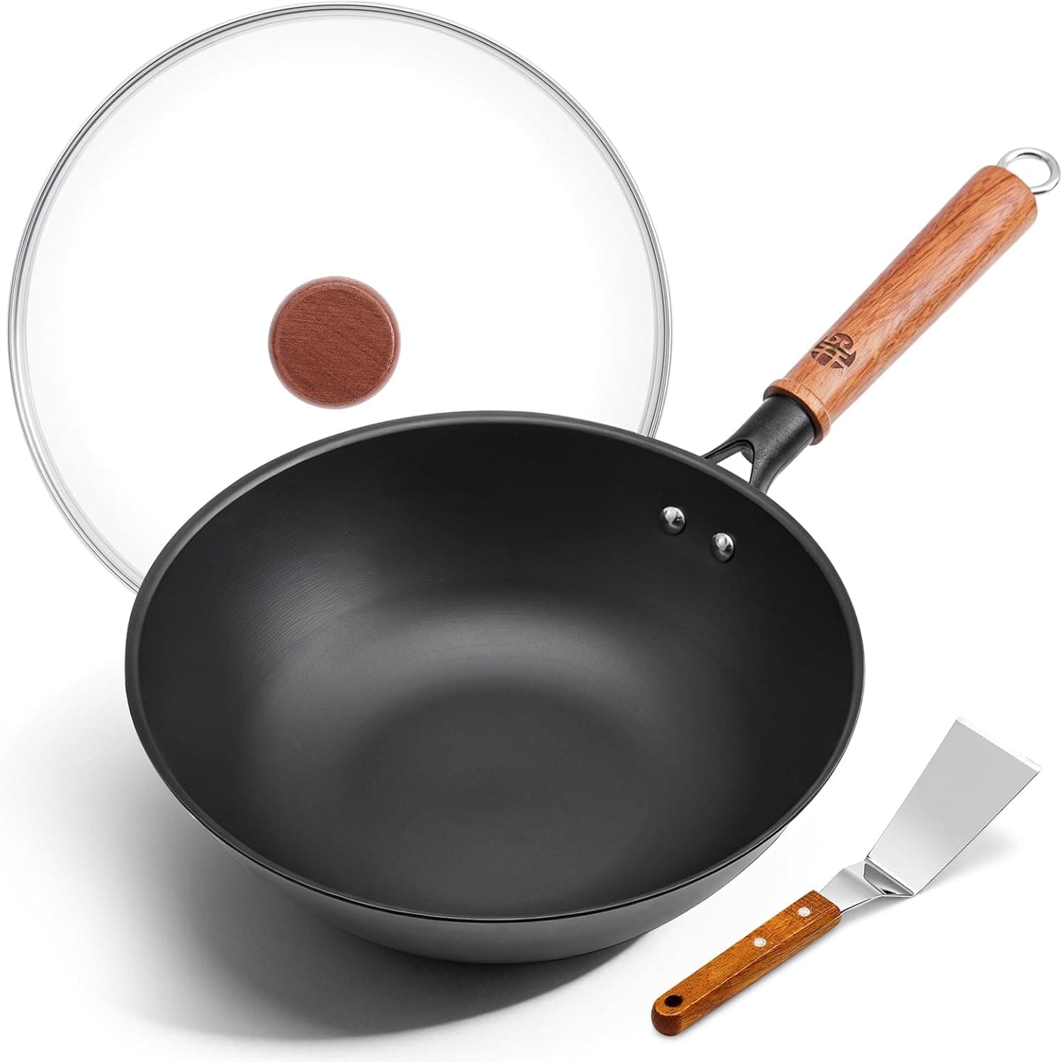 WANGYUANJI 10 Inch Small Carbon Steel Wok Pan with Glass Lid, Lightweight Flat Bottom Stir Fry Pan, Nitrided No Chemical Coating Wok for Induction, Gas & Electric, 1–2 Servings - image 1