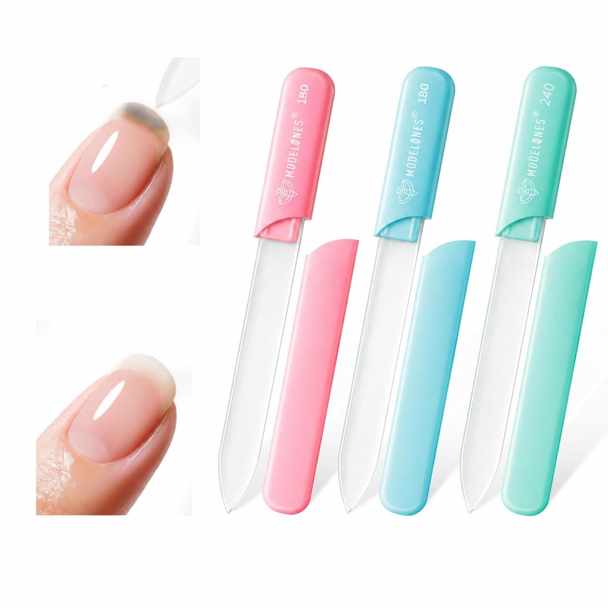Modelones Nail Files, 3 PCS Crystal Glass Nail Files with 180/240 Grit โ Double-Sided Reusable Fingernail Buffers & Cuticle Remover for Home, Travel, and Salon Manicure