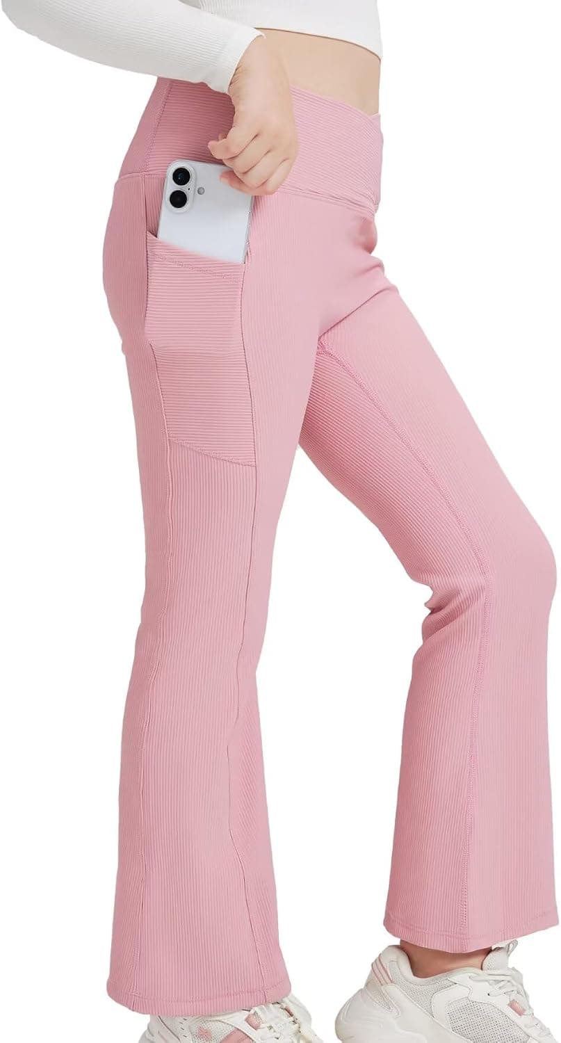 Girls Flare Leggings - Seamless Ribbed Yoga Pants with Cross High Waist, Bootcut Bell Bottoms for Girls