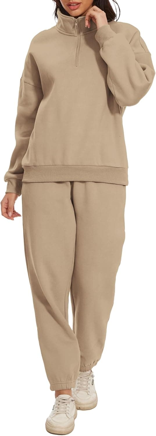Women Oversized Long Sleeve Sweatsuit Half Zip Sweatshirt & High Waisted Pants 2 Piece Outfits With Pockets
