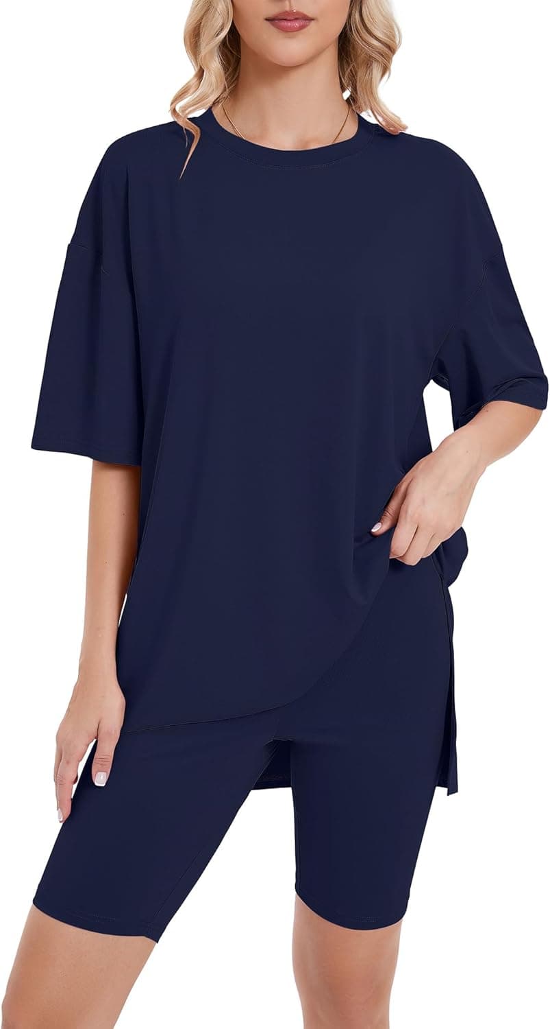 Heymoments 2 Piece Lounge Set for Women Oversized T-Shirt and Biker Shorts Pajama Set Soft Summer Pajamas Set