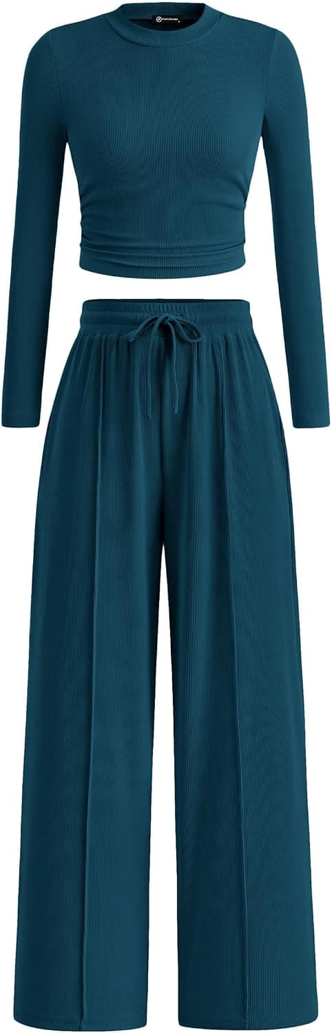PRETTYGARDEN Women's 2 Piece Sets 2026 Fall Long Sleeve Crop Tops Wide Leg Pants Matching Outfit Tracksuits Spring Clothes