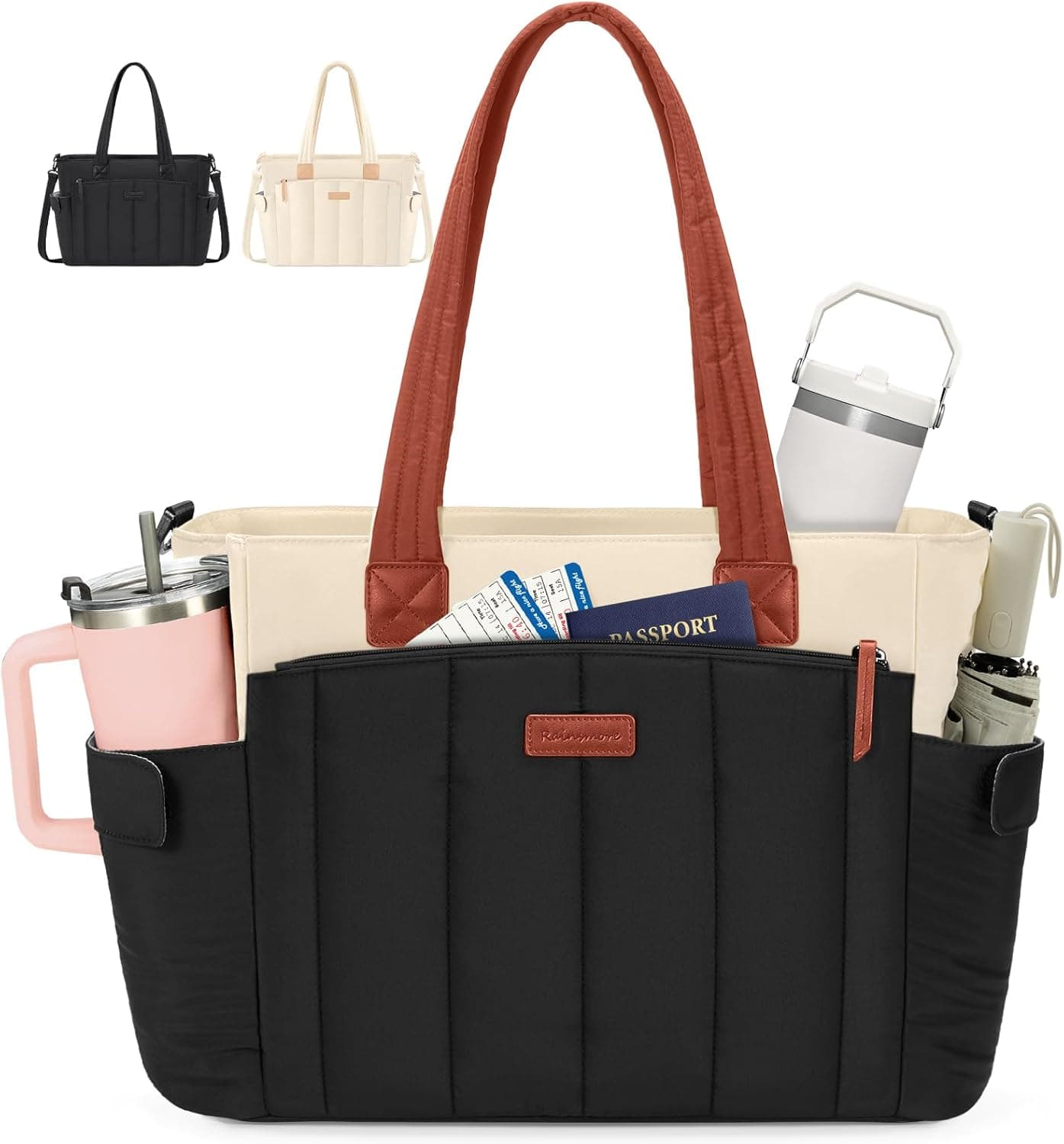 RAINSMORE Laptop Tote Bag for Women 15.6 Inch Puffer Quilted Work Bag with 40oz Cup Holder Large Capacity Lightweight Shoulder Bag for Teacher Travel Business Casual Office, Black-Beige-Brown