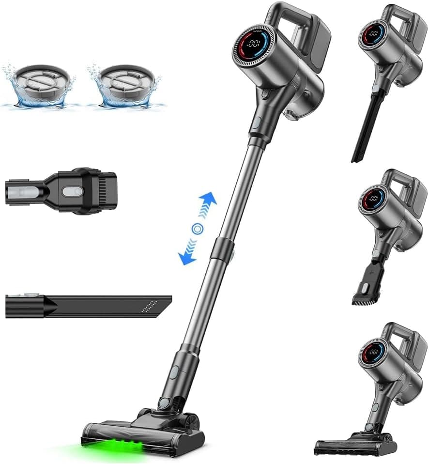 VersLife Cordless Vacuum Cleaner 500W/40KPA/40Mins, Lightweight Stick Vacuum with LED Display and Green Headlights, 6-Stages Filtration, Self-Standing Vacuum for Home Hard Floor Carpet, Silver - image 1