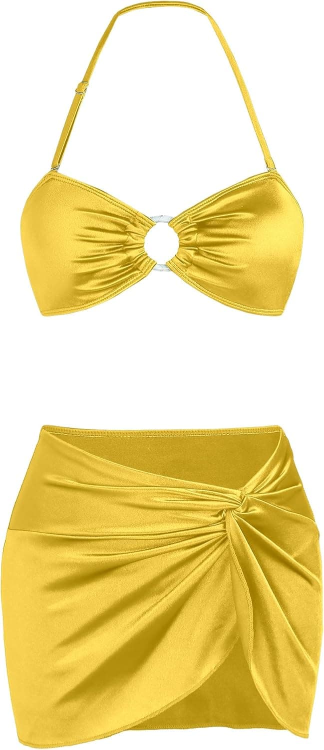 Ruched 3 Piece Swimsuits for Women Ribbed Velvet Bikini Sets with Sarong Coverup Metal Ring Bathing Suit - image 1