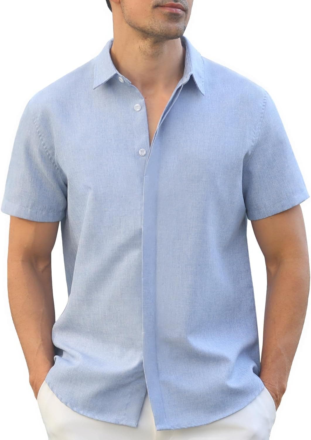 Men's Button-Down Shirts Wrinkle Free Short Sleeve Shirt Textured Linen-Look Casual Top for Summer, Beach Vacation