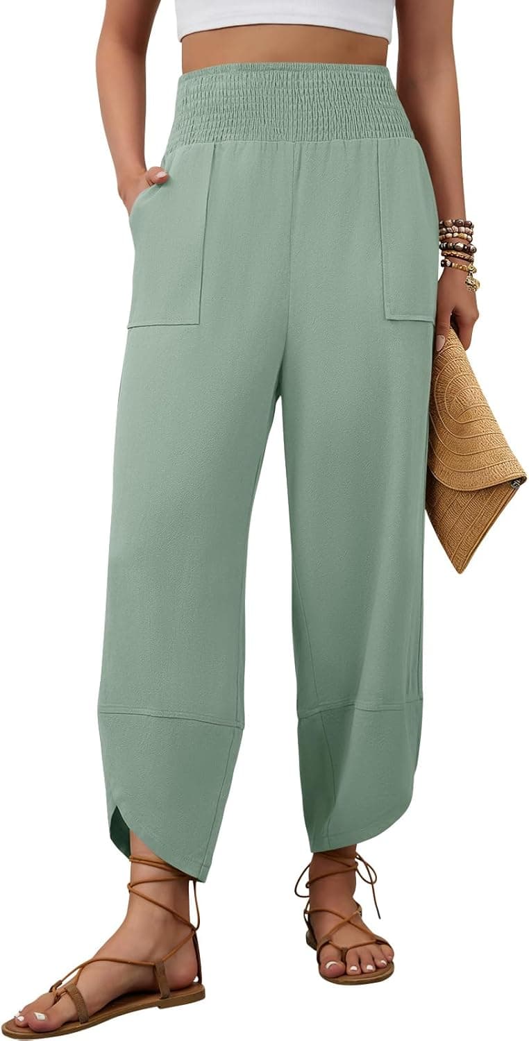 Womens Linen Pants Wide Leg Palazzo Capri Barrel Harem Pants Casual High Waisted Trousers with Pockets Beach