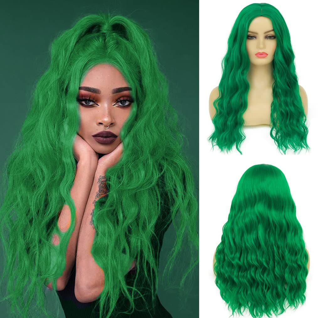 Long Curly Wavy Green Wig for Women Middle Part Costume Cosplay Wig Synthetic Hair Replacement Wig