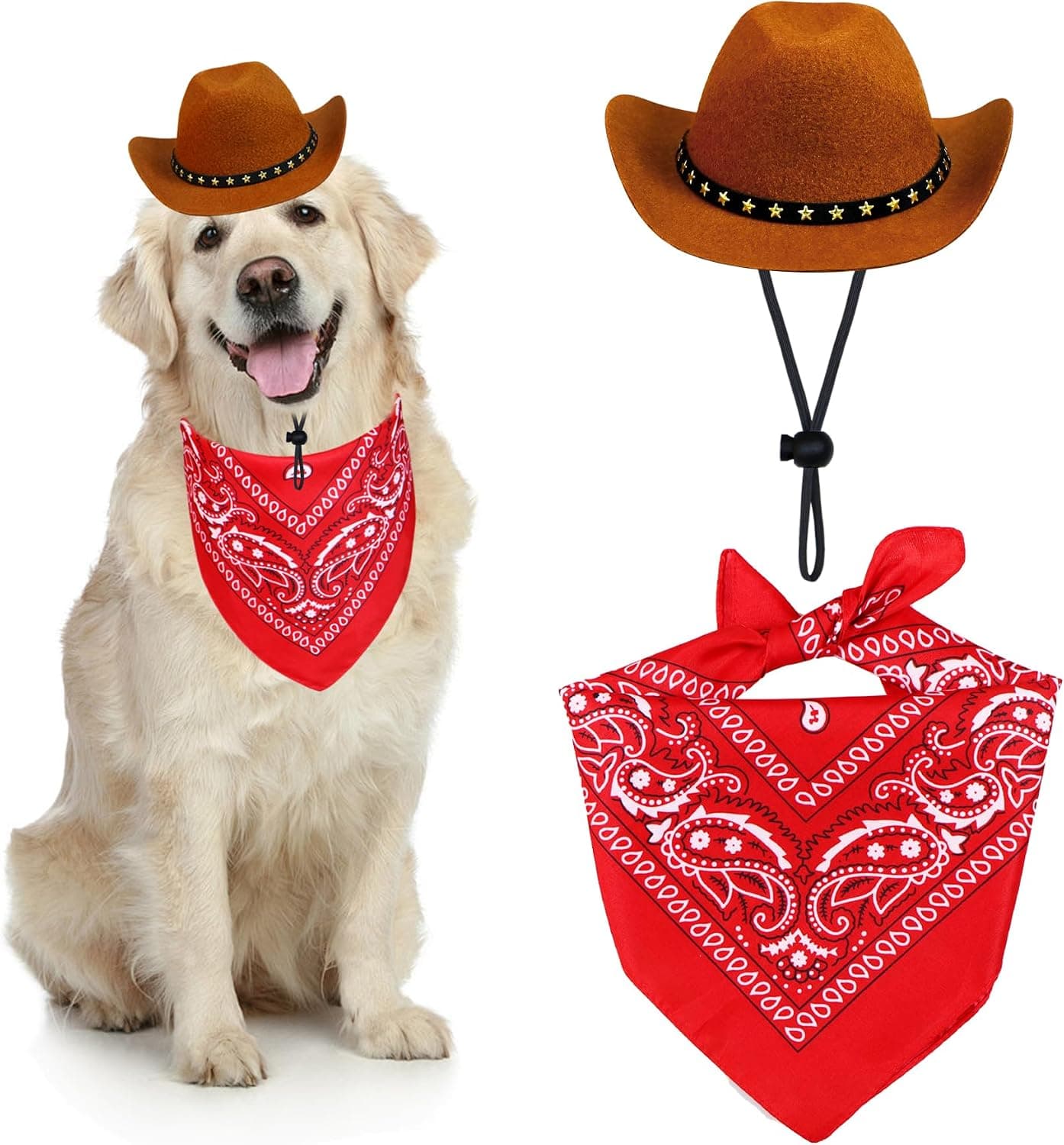 Dog Cowboy Costume, Dog Halloween Costumes Halloween Pet Dogs Cowboy Hat with Bandana Scarf for Small Medium Large Dogs Pets (Brown, Large)