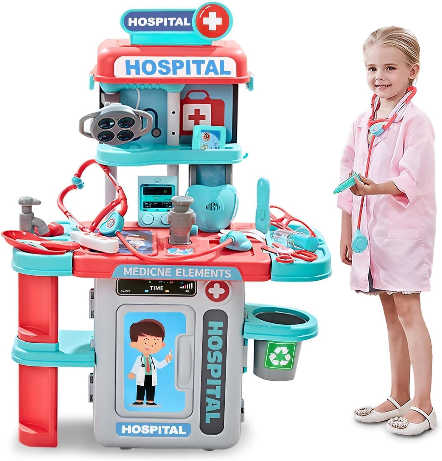 Doctor Kit for Kids 3-5, Toddler Play Set with Rolling Cart, Costume, and Stethoscope, Role Play Kids Doctors Set Educational Birthday Gift for Girls(Pink) - image 1