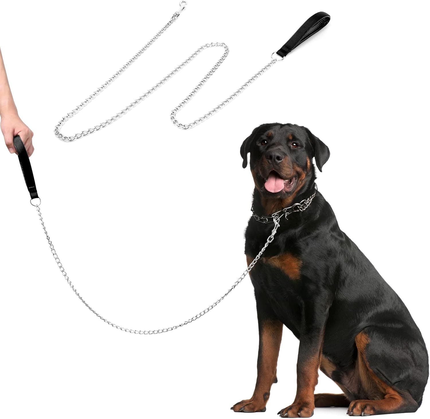 Heavy Duty Chain Dog Leash for Medium Large Dogs, Chew Proof Metal Dog Lead with Soft Padded Handle, Classic Black 4FT Leash