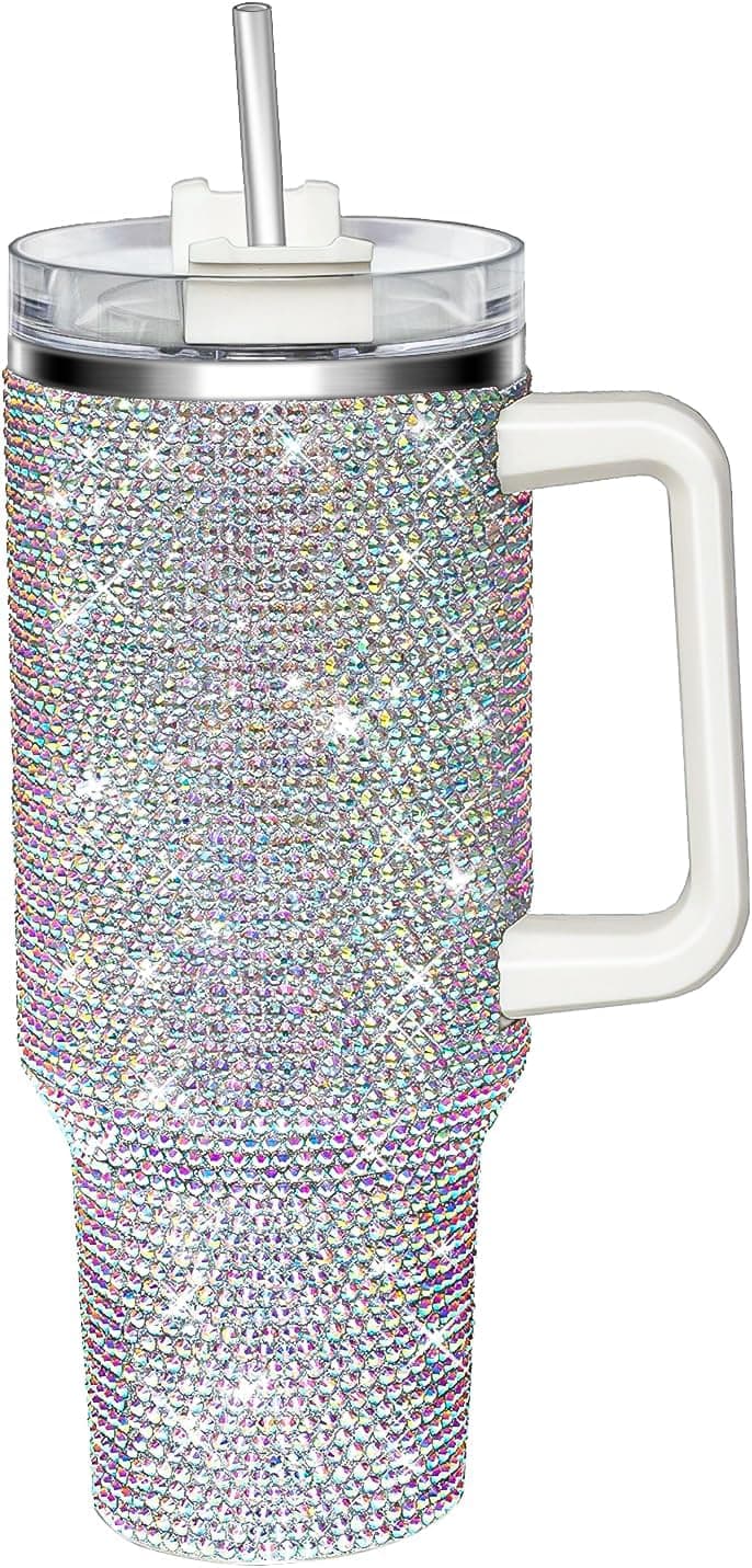 HWISDMIG 40oz Tumbler with Handle-Glitter Rhinestones Tumbler Bling Cups Stainless Steel Water Bottle Diamond Studded Tumbler for Women-Birthday Gifts for Women, Mom, Wife, Girlfriend (40 oz, Shiny)