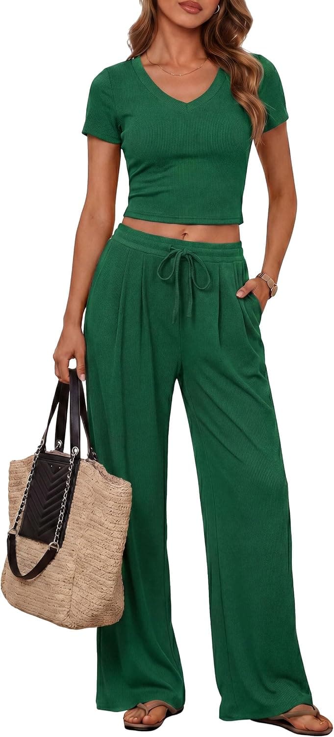 PRETTYGARDEN 2 Piece Sets for Women Summer 2026 Spring Lounge Set Matching V Neck Tops Wide Leg Pants Airport Travel Outfits - image 1