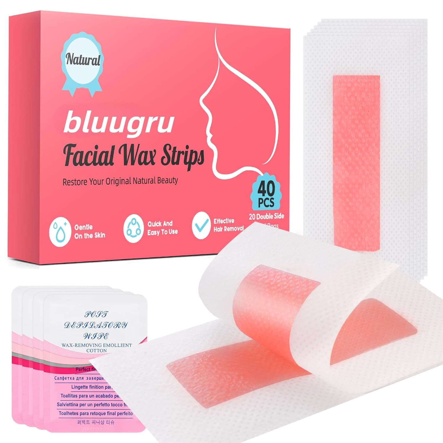 40PCS Facial Wax Strips for Hair Removal, Facial Hair Removal for Women, Waxing Kit for Women's Face, Bikini, Chest, Body, Arms, Legs & Brazilian | 40ct Waxing Strips & 4 calming Oil Wipes