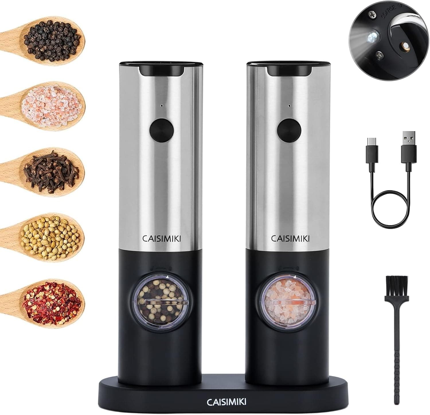Electric Salt and Pepper Grinder Set Rechargeable Automatic Pepper Mill Grinder Stainless Steel Kitchen Gadgets Adjustable Coarseness Shakers, One Hand Operation, 2 Pack