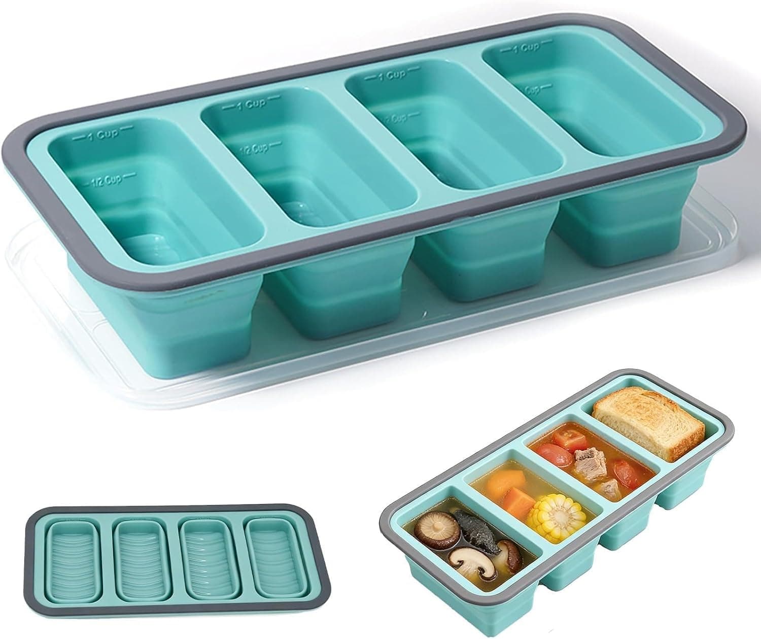 Foldable Silicone Freezer Trays with Lid, 1-Cup Soup Freezer Container & Large Ice Cube Mold, Ideal for Ice Cubes, Soup Cubes, Sauce, Leftovers, Meal Prep & Kitchen Storage (Blue, 1 Cup)