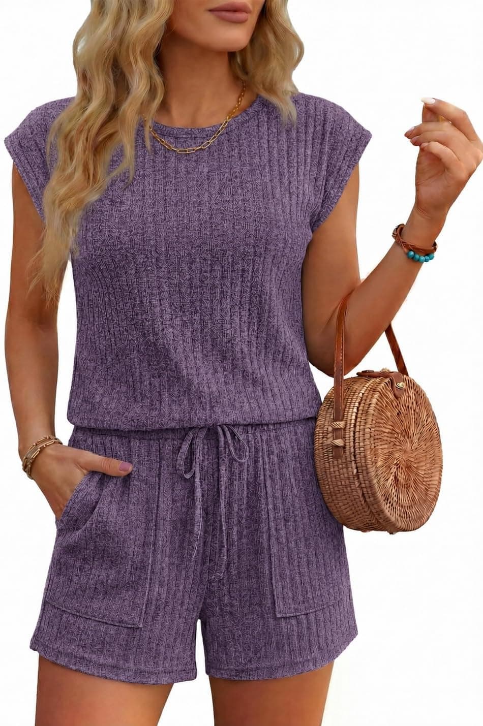 Ekouaer Rompers for Women Summer Casual Cap Sleeve Crewneck Short Pants Jumpsuit Beach Vacation Outfit with Pockets S-XXL - image 1