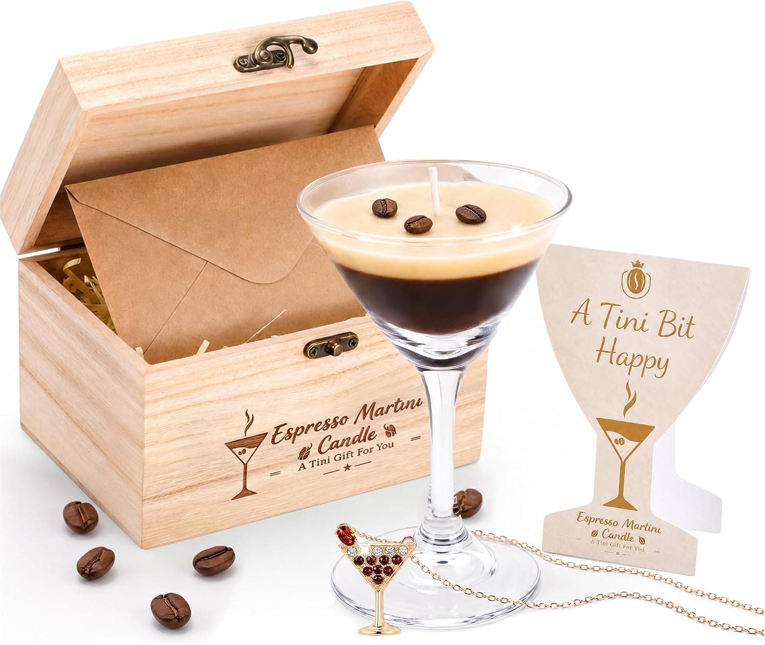 Martini Coffee Candle Gift Set with Necklace & Greeting Card, Espresso Scented Soy Wax Candle in Martini Glass, Cocktail Gift for Women, Birthday, Valentine's Day (Martini Coffee Candle)