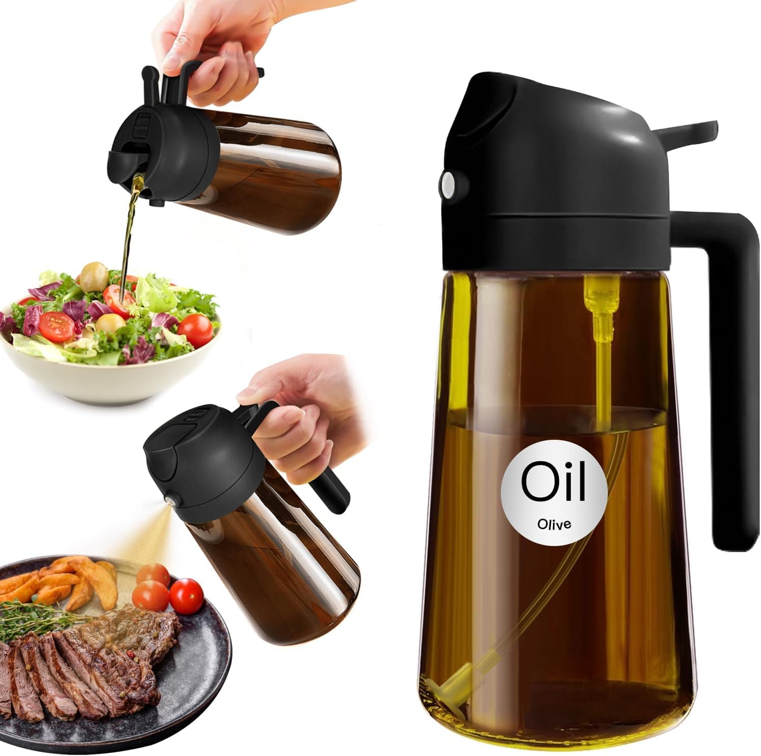 YARRAMATE 16oz/470ml Light Blocking Oil Sprayer for Cooking (Black) | Food-Grade 2 in 1 Olive Oil Dispenser Bottle for Kitchen, Premium Dark Amber Glass Oil Bottle for Air Fryer, BBQ - image 1
